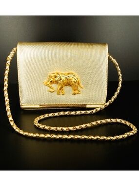 Nima Handbag with Metal Elephant Accent: Vintage 80s 90s Y2K Metallic Gold Tone